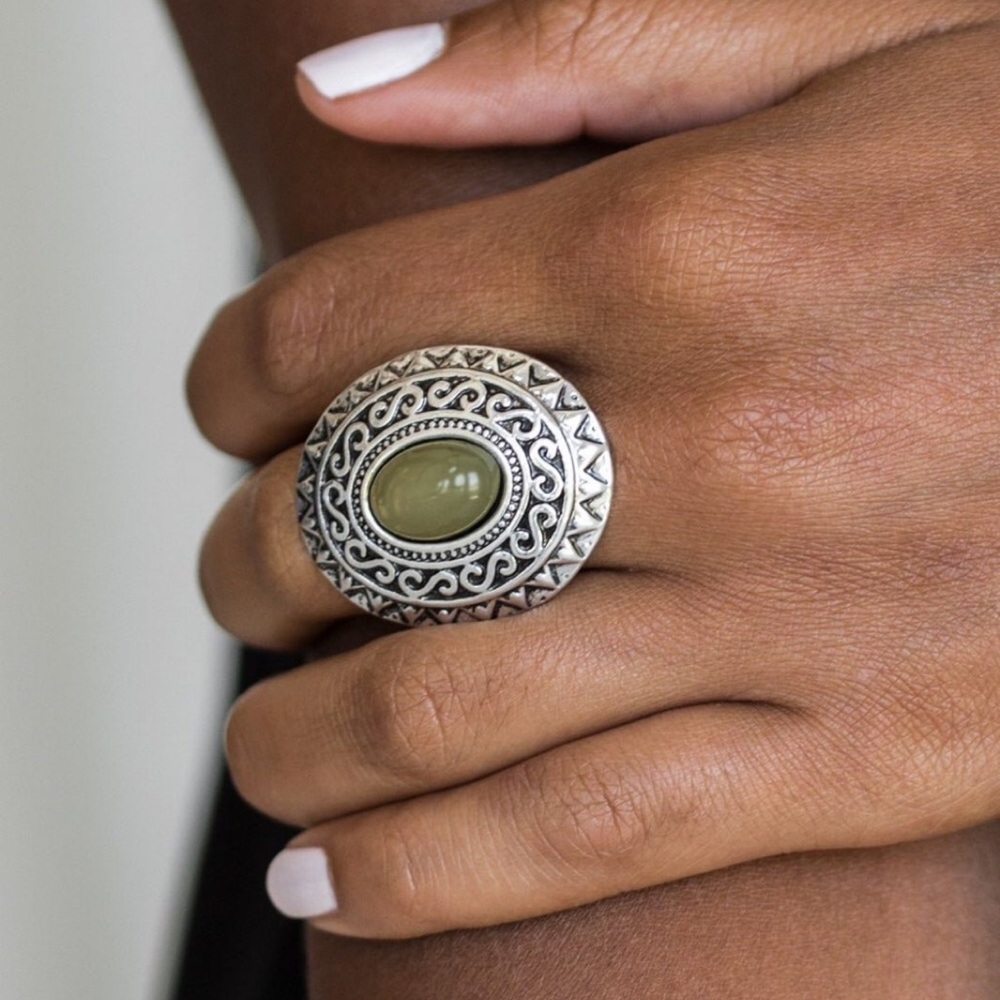 Olive Cabochon Silver-Tone Filigree Statement Ring